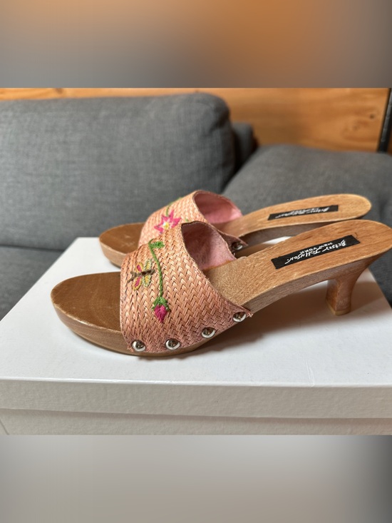 Betsey Johnson Shoes - Betsey Johnson Pink Embroidered Woven Slide Mules